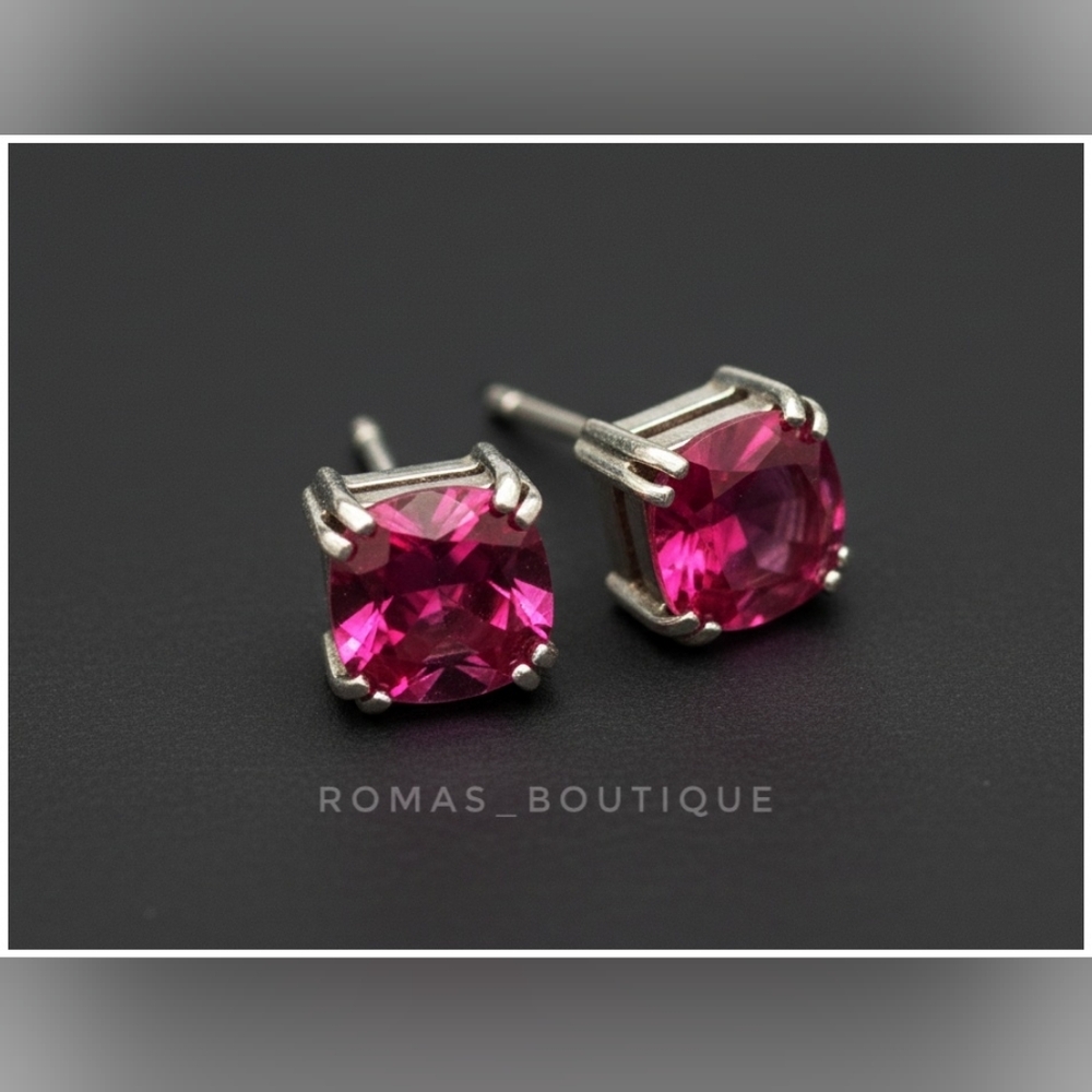 cushion-cut ruby stud earrings, set in sterling silver